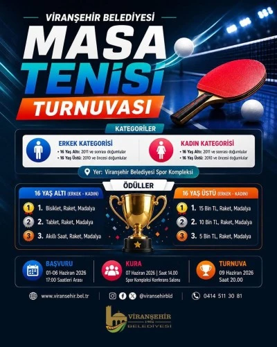Viranşehir&rsquo;de &Ouml;d&uuml;ll&uuml; Masa Tenisi Turnuvası Heyecanı Başlıyor